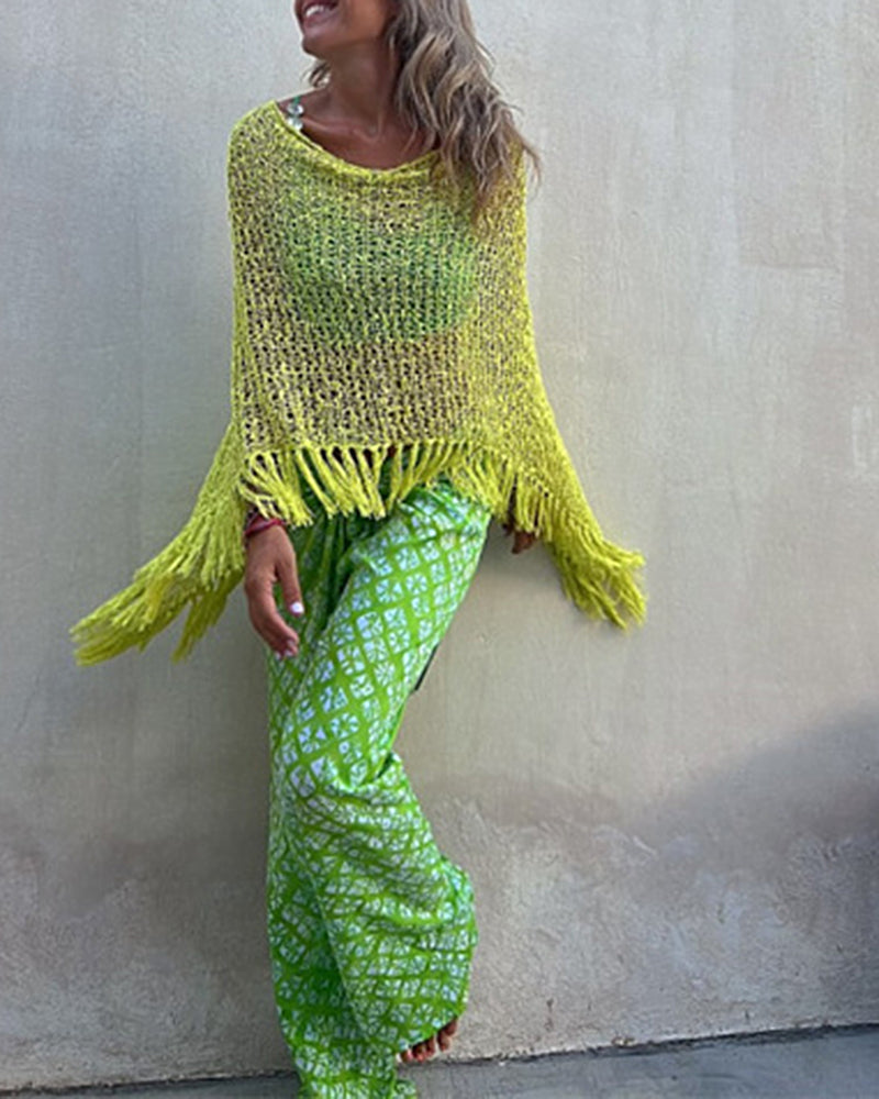 Dolman Sleeve Fringe Knit Sweater Pullover Cape Shawl Blouse