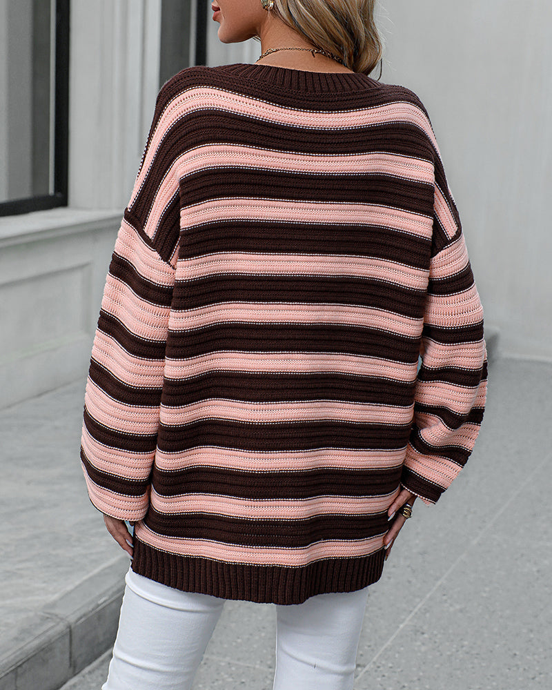 Striped Sweater Women Knitted Crew Neck Pullover Sweater