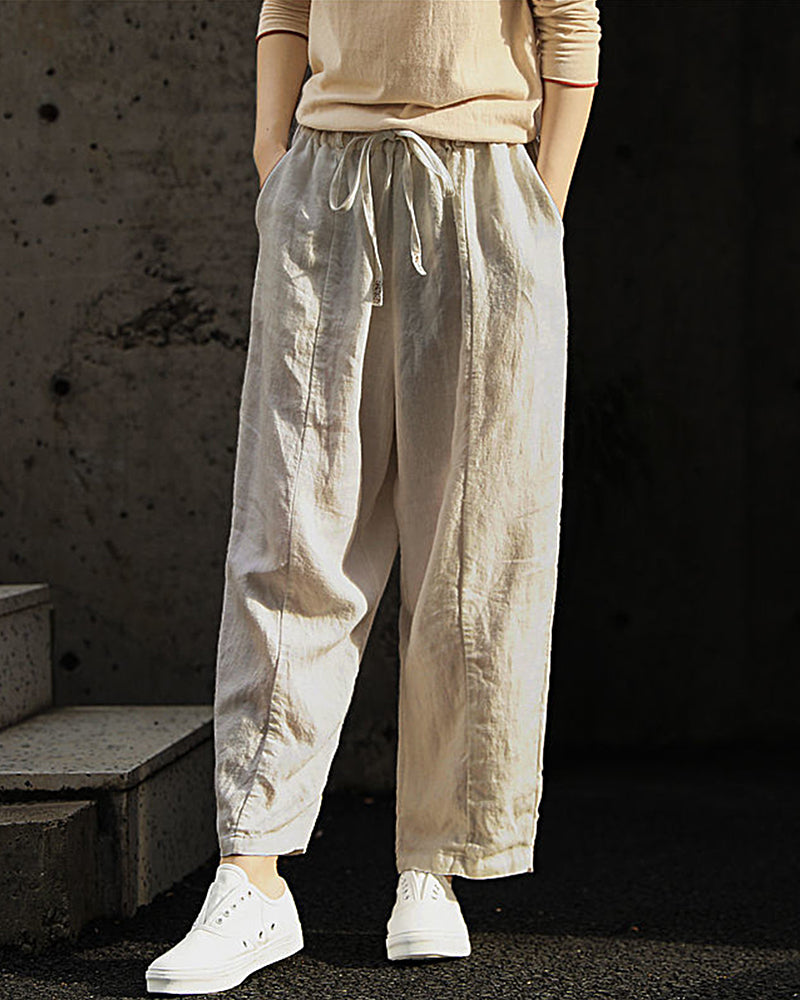 Loose Plain Drawstring High Waist Straight Wide Leg Pants with Pocket