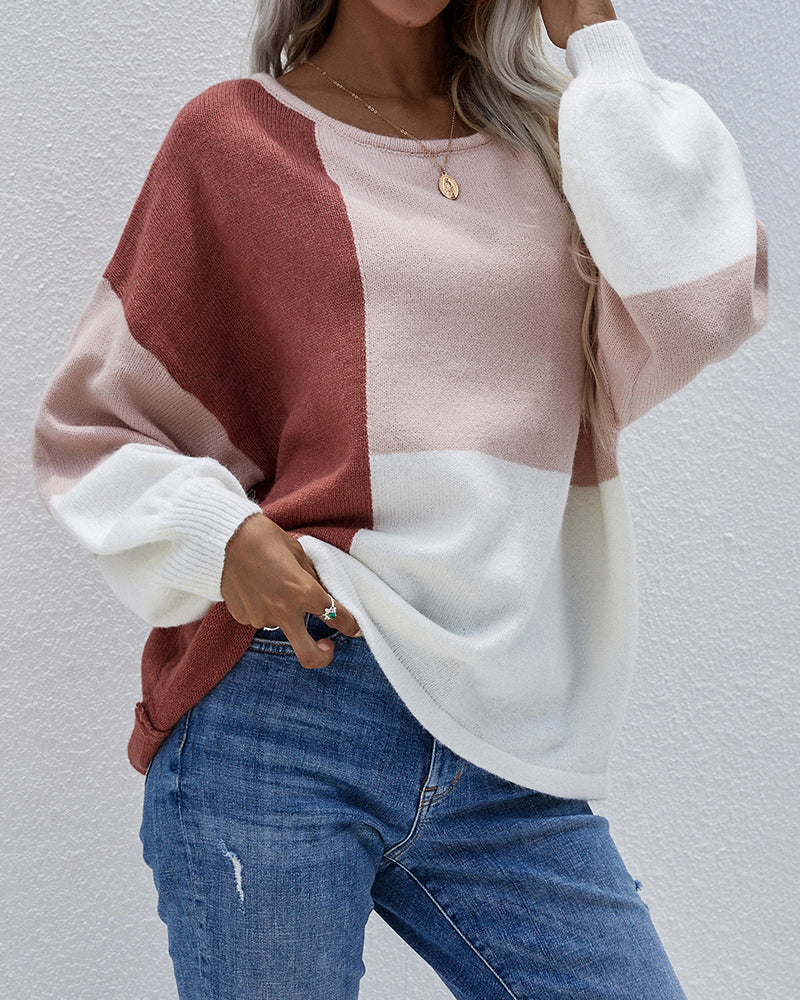 Knitted Color Block Pullover Lightweight Loose Casual Sweater