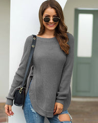 Crew Neck Long Sleeve Slit Pullover Knit Sweater