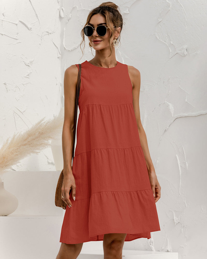 Solid Sleeveless Ruffle Sundress Round Neck A Line Pleated Mini Short T Shirt Dress