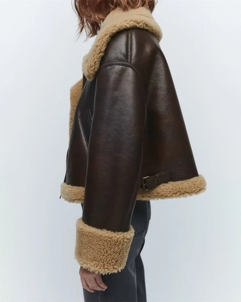 Insulated Faux Leather Jacket with Lapel Collar and Fur Sleeves