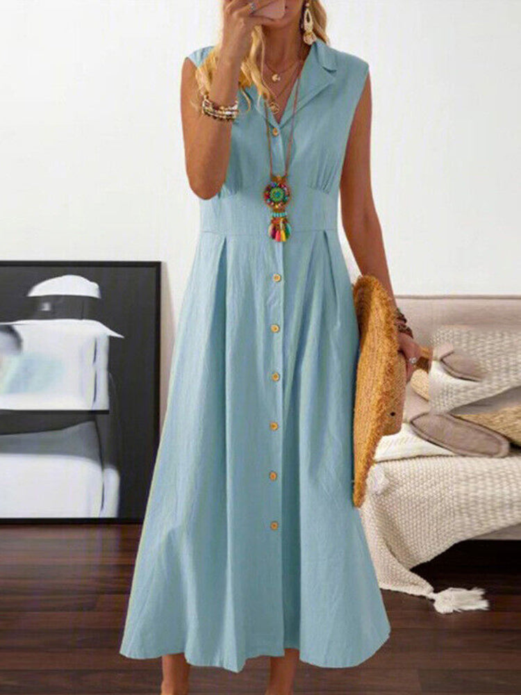 V Neck Lapel Button Down Maxi Dress Sleeveless Casual Beach Long A Line Shirt Sundress