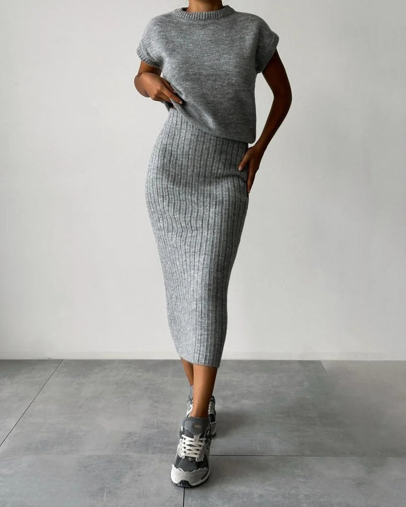 Sleeveless Vest + Knitted Skirt Two-piece Set