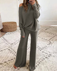 Two Piece Sweatsuit Lone Sleeve Knit Sweater Wide Leg Pants Outfits Loungewear Set