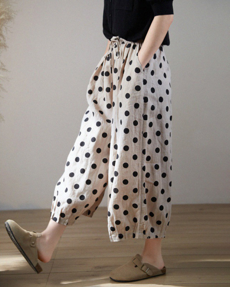 Casual Polka Dot Wide-Leg Cotton-Linen Palazzo Pants