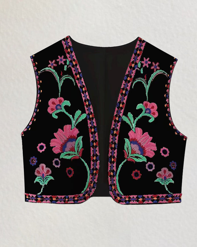 Retro Floral Embroidered Gillet Ethnic Weatern Vest Jacket Sleeveless Cardigan Crop Top