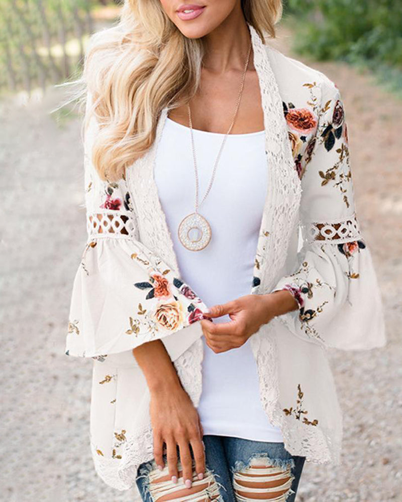 Flare Sleeve Floral Print Lace Blouse Cardigan