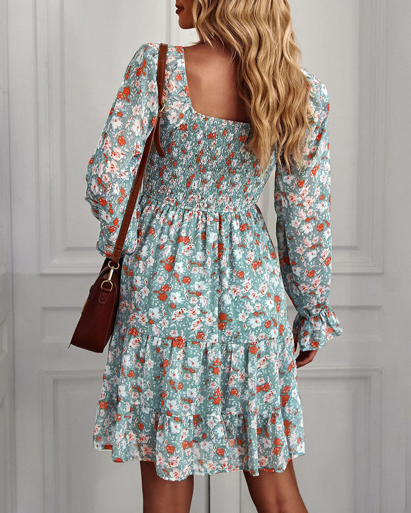 Ribbed Long Sleeve Chiffon Dress Crewneck Elegant Batwing Bohemian Floral Printed Dress