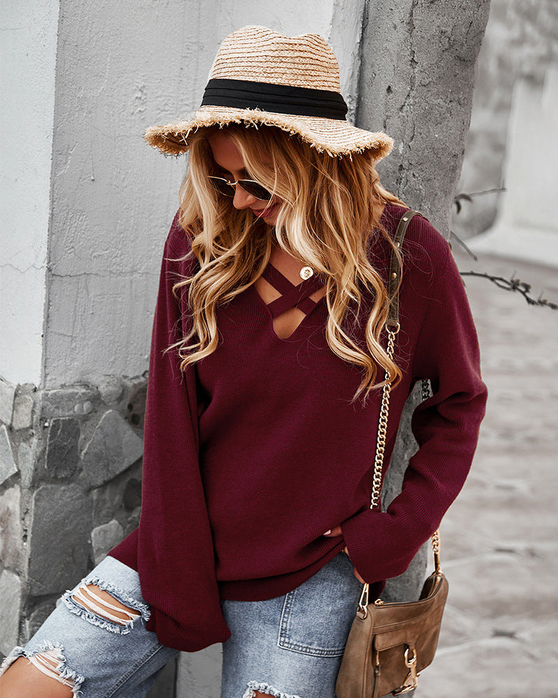 Sexy Hollow V Neck Long Sleeve Sweater