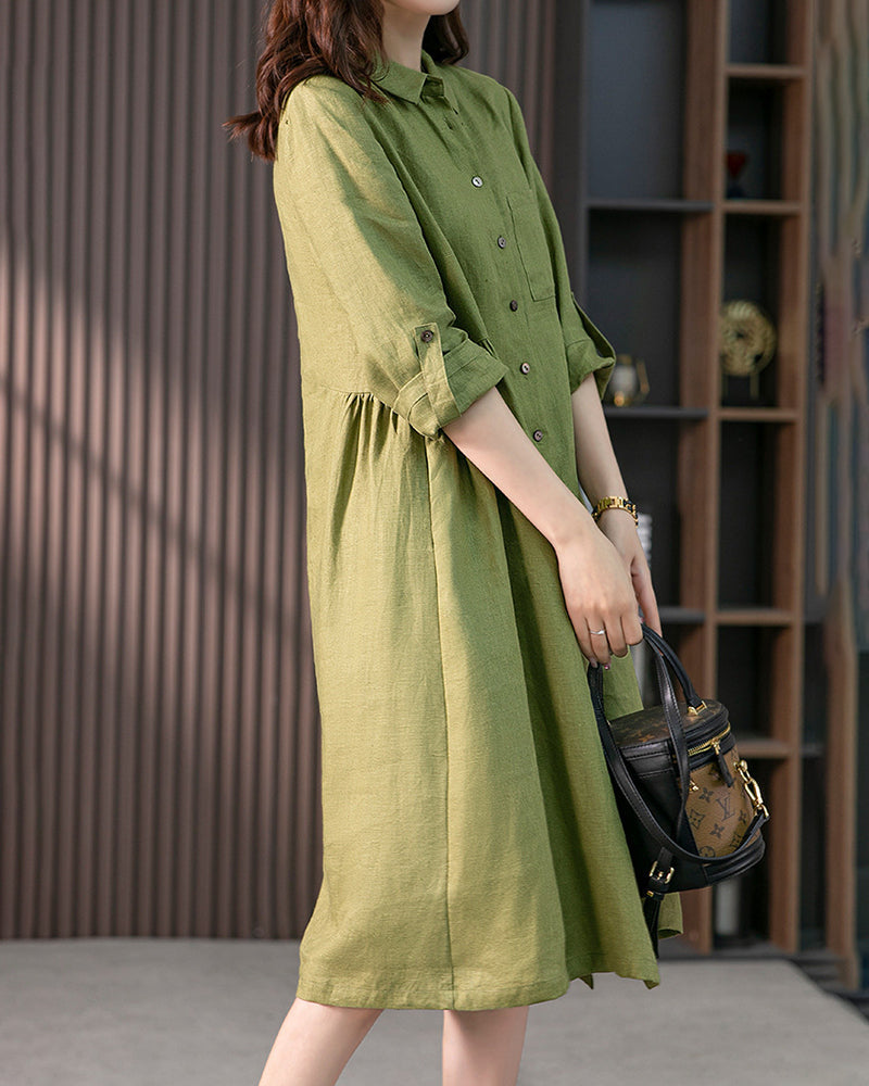 Loose Solid Color Three-quarter Sleeve Dress Mid-length Shirt Dress