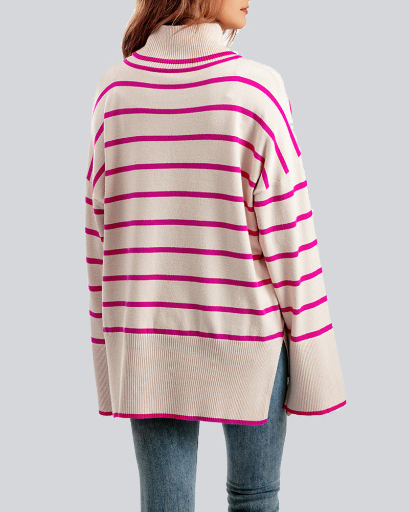 Striped Sweater Casual Turtleneck Knit Pullover Jumper Tops