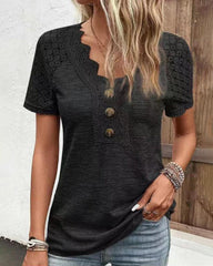 V Neck Lace Ribbed Tops Decoration Button Down T-Shirts Summer Short Sleeve Casual Blouse