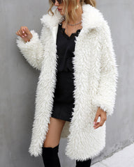 Open Front Fuzzy Coat Faux Fur Plush Lapel Warm Long Coat