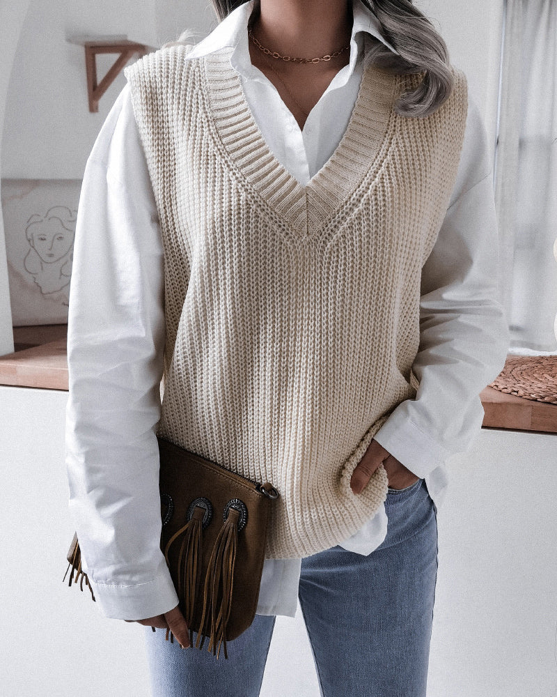 V-neck Knit Sweater Vest Loose Fit Casual Vintage Classic Sleeveless Crop Sweater Tops