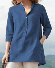 Solid Color Mid Sleeve Shirt Retro Urban Casual Stand Collar Loose Blouses