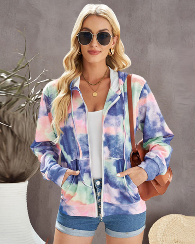 Tie-dye Hoodie Zip Up Casual Jacket Active Sweatshirt