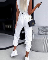 Chic Two-piece Set Striped Asymmetrical Vest Top & Cuffed Pants Set