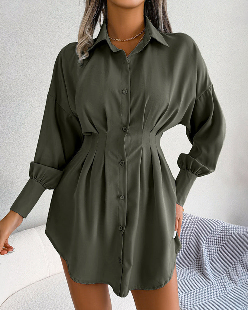 Lantern Sleeve Waisted Asymmetric Shirt Dress