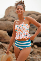 (Clearance) Desshop  Fruit Print Feminine Striped Spaghetti Strap Tankini