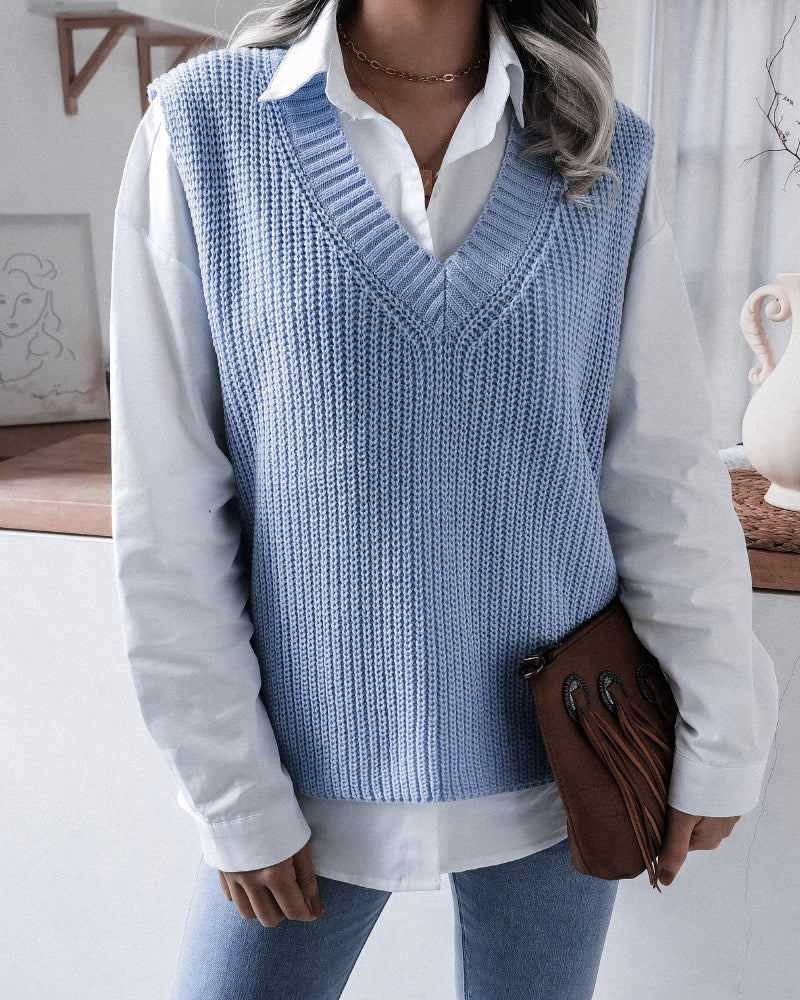 V-neck Knit Sweater Vest Loose Fit Casual Vintage Classic Sleeveless Crop Sweater Tops