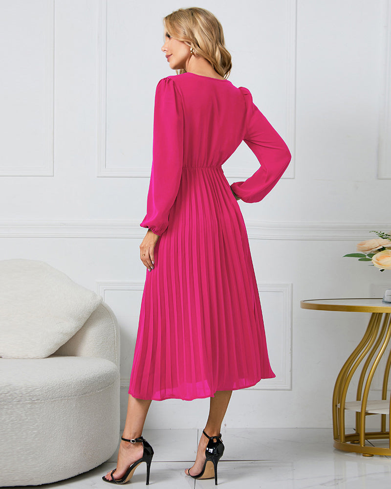 Elegant Wrap V Neck Lantern Sleeve Bulted Pleated Flowy Midi Dress