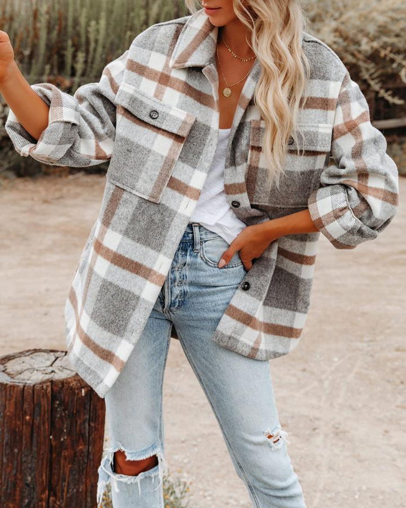 Plaid Button Flannel Wool Shirt Jacket