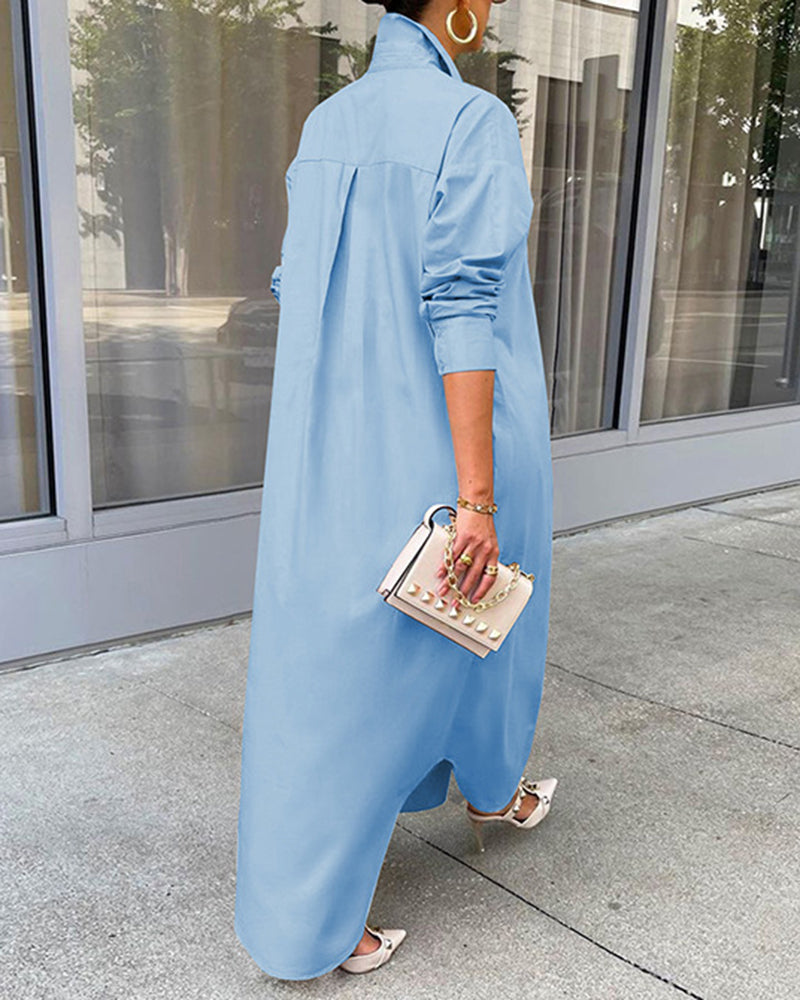 Button Down Maxi Shirts Dress Long Sleeve Collared V Neck Kaftan Loose Long Dress Coat