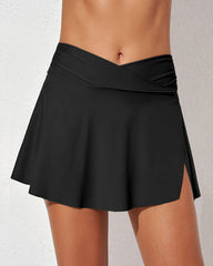 Crossover Tennis Skirt High Waist Tummy Control Ruched Bikini Bottoms with Pockets