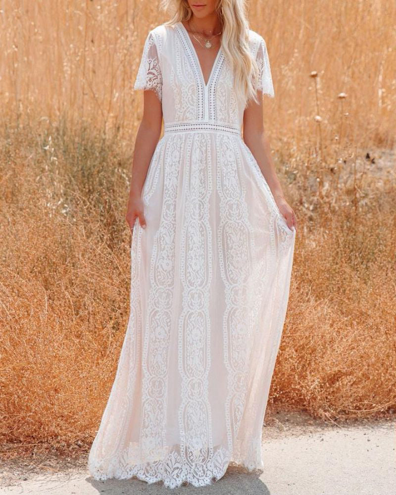 V-Neck Half Sleeves Lace Bohemian Floor Length Dress