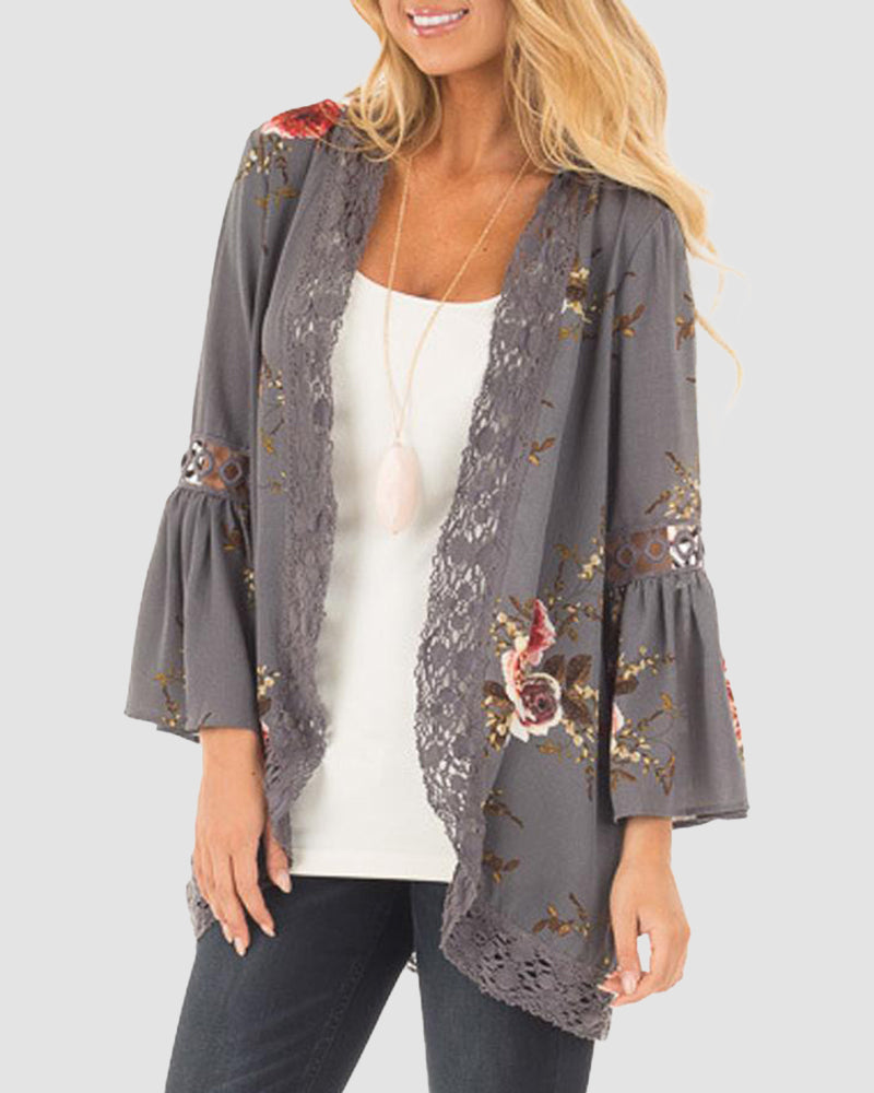 Flare Sleeve Floral Print Lace Blouse Cardigan