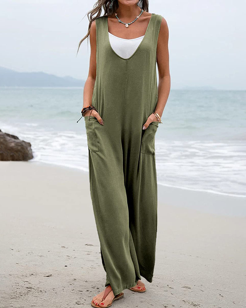 Wide Leg Jumpsuit Sleeveless V-Neck Casual Loose Jumpsuit Comfy Baggy Tank Romper with Pockets