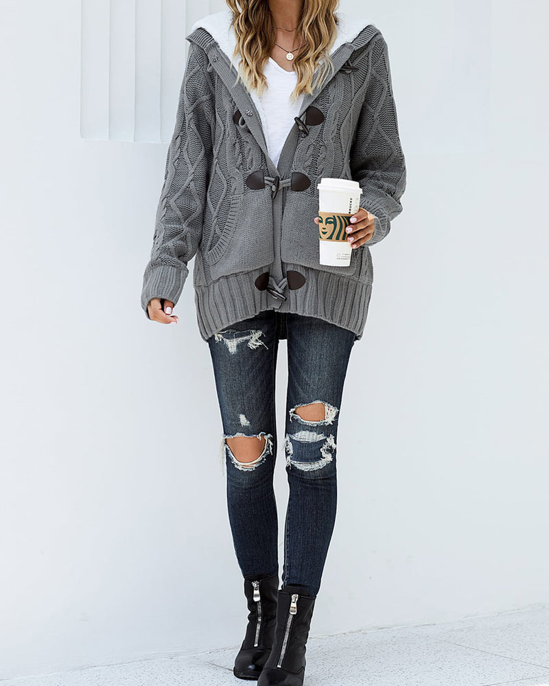 Casual Loose Fitting Fluffy Button Down Knitwear Coatigan Chunky Cable Hooded Cardigan