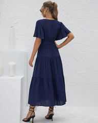 Elegant V Neck Short Sleeve Wrap Maxi Dress Loose High Waist Pleated Flowy Swing Long Dress with Belt