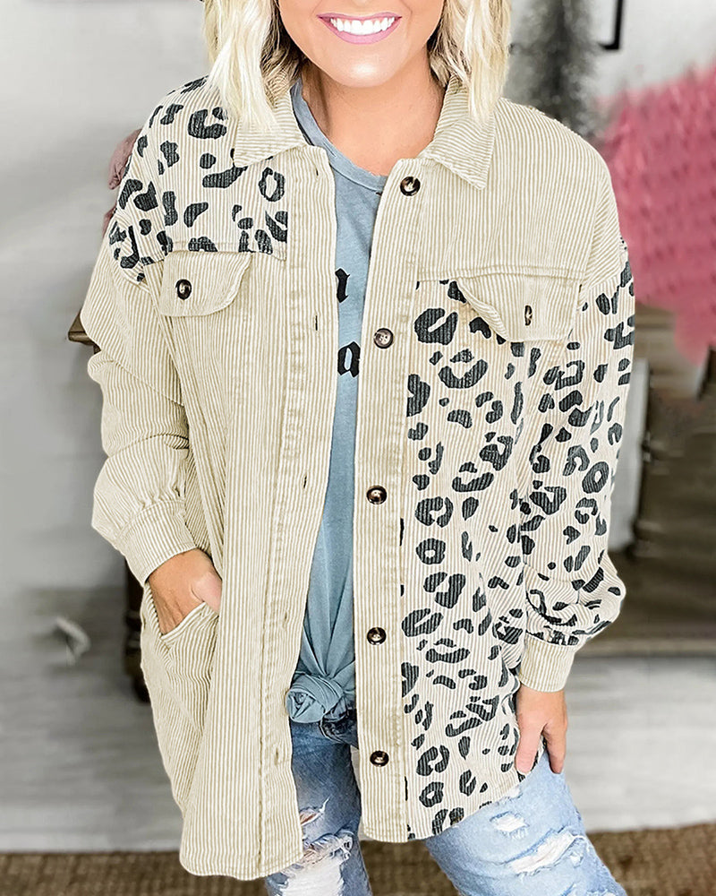 Leopard Print Detail Pocketed Corduroy Jacket