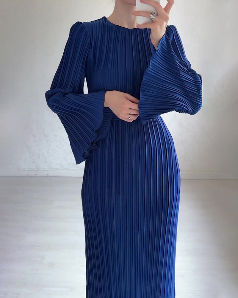 Pleated Bell Sleeve Back Tie Up Maxi Dress