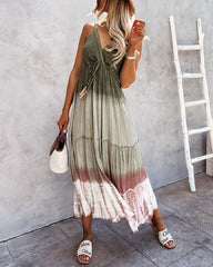 Tie Dye Sleeveless Long Dress Flowy Boho Maxi Sundress Spaghetti V Neck Dress with Belt