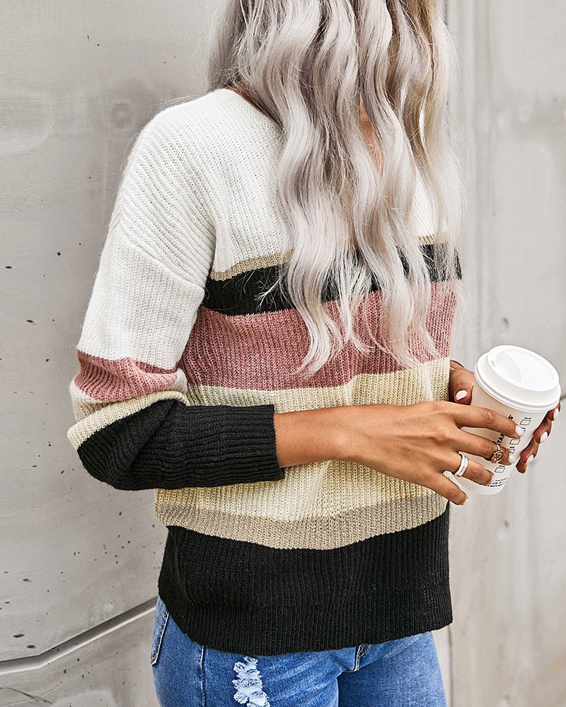 Striped Color Contrast Long Sleeve V-Neck Knit Sweater