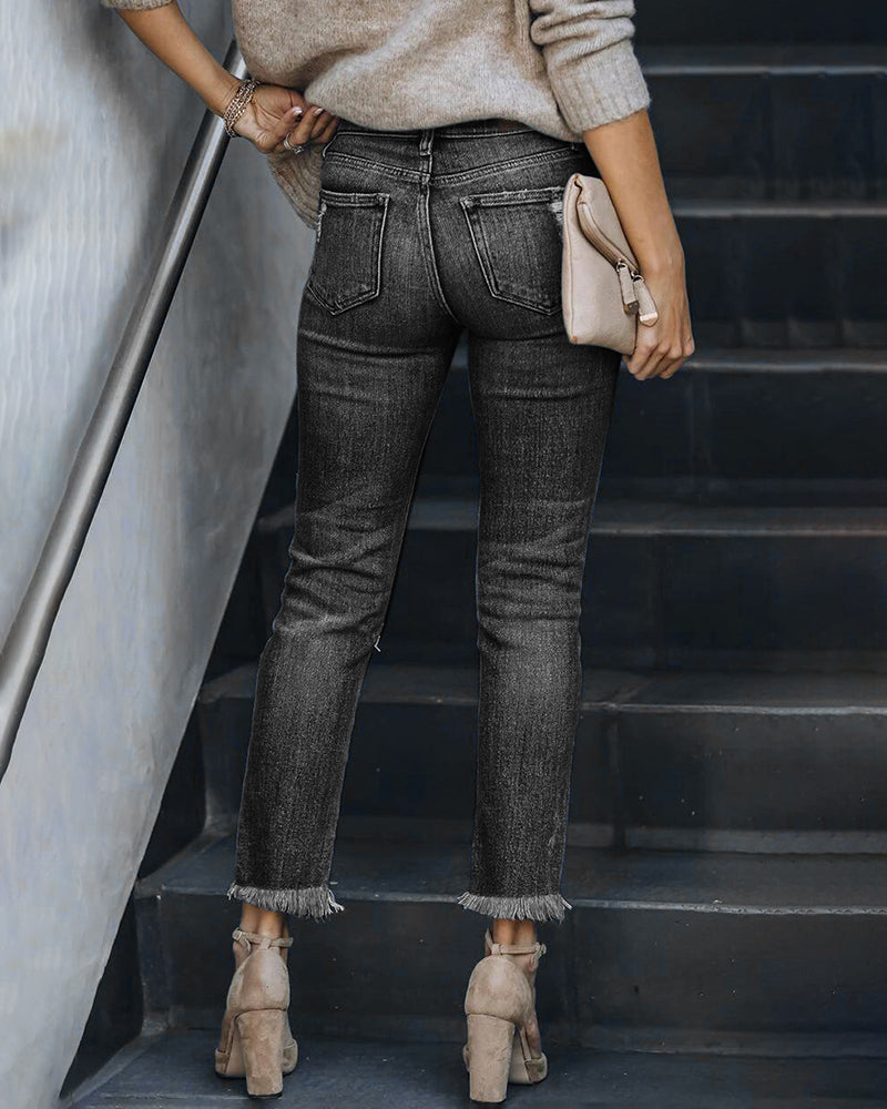 Ripped Stretch Skinny Jeans Mid Waist Distressed Denim Pants