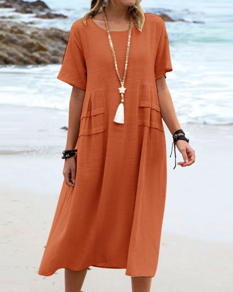 Solid Color Round Neck Short Sleeve Midi Dress Summer Holiday Casual Maxi Sundress