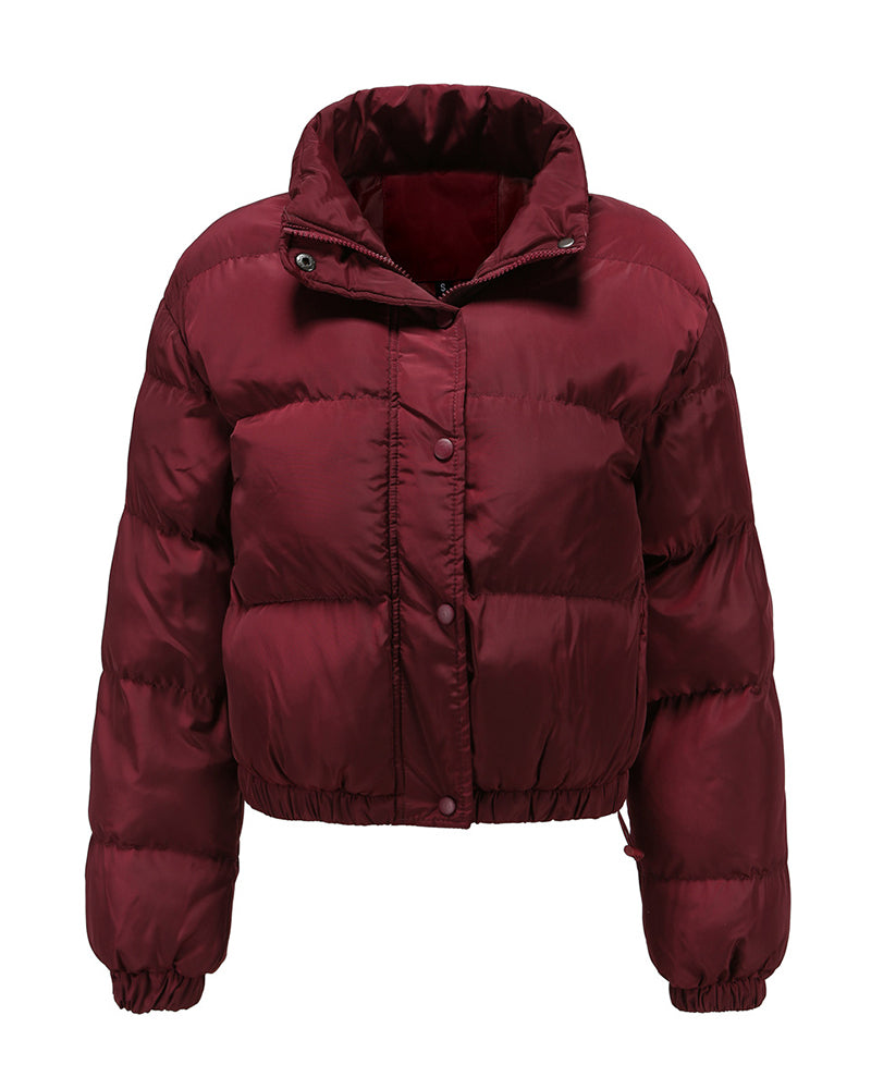 Short Puffer Jacket Stands Up Button Zipper Outerwear