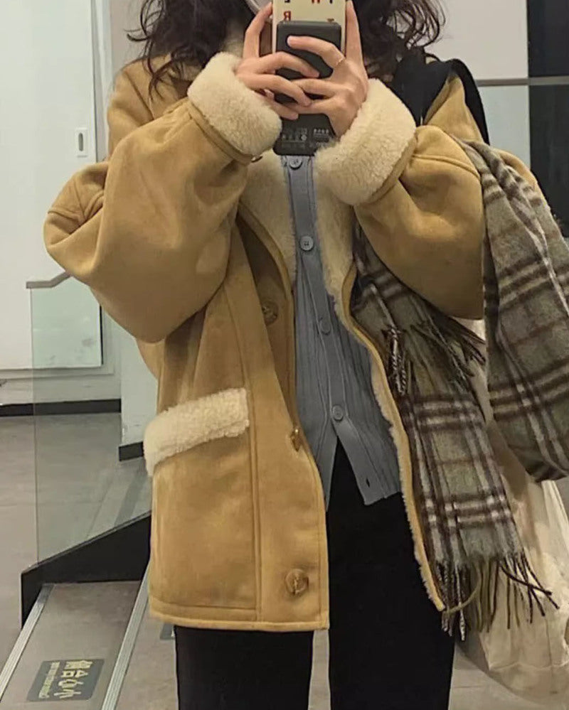 Lamb Wool Jackets Turn-down Collar Loose Fur Coat