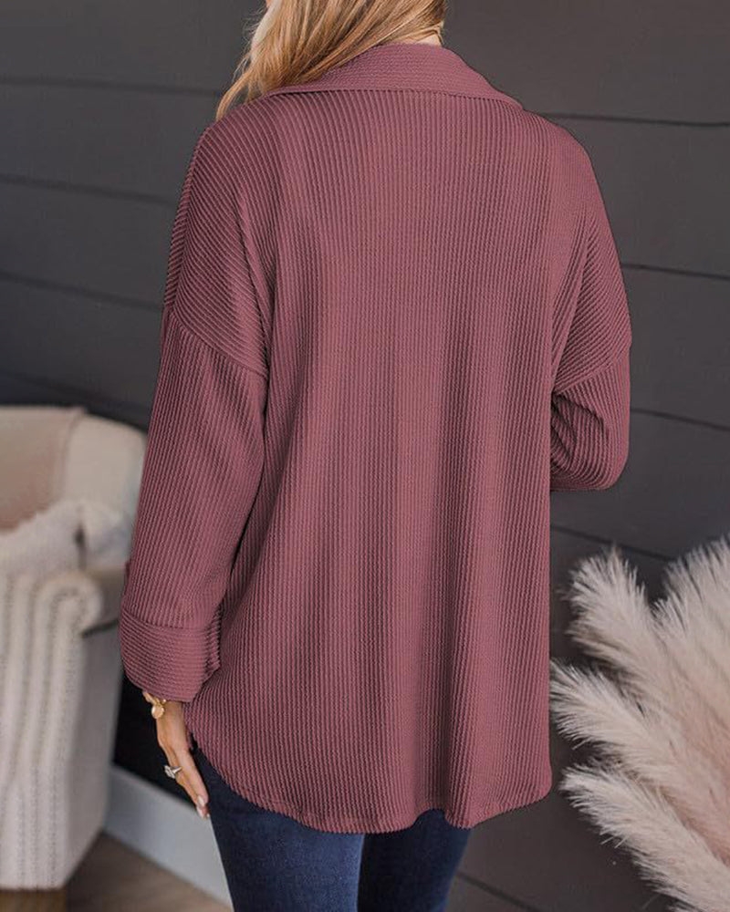 Striped Single-breasted Mid-length Corduroy Shirt Jacket