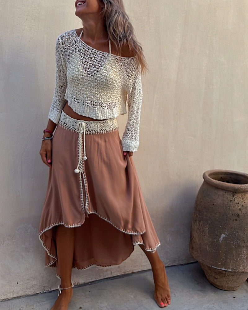Stitching Hollow Women's Knitted Sweater Loose Round Neck Sunscreen Blouse