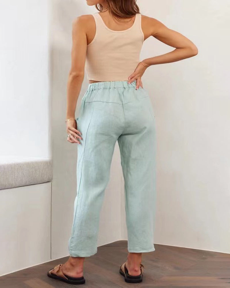 Solid Color Lace Up Pants Small Feet Cotton Linen Pants