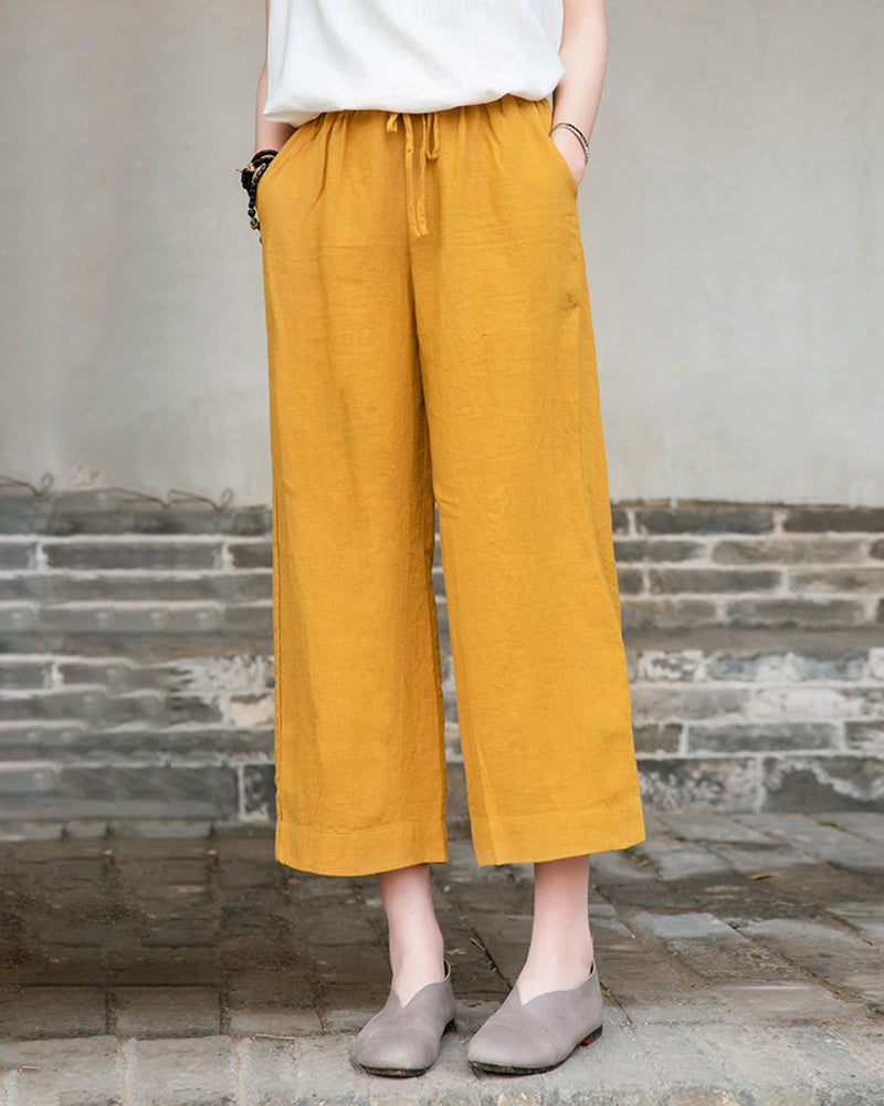 Tether Linen Casual Cropped Pants Women's Cotton Linen Wide Leg Pants