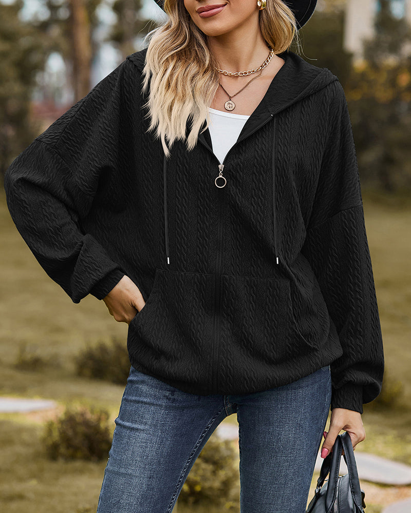 V-Neck Zipper Closure Solid Color Long Loose Hoodie Jacket