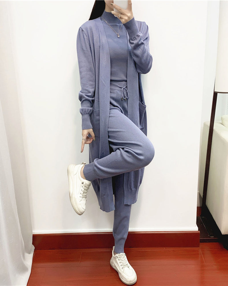 Chic Three Piece Set Knitted Solid Lounge Suit Cardigan Sweater + Jogger Pants+ Sleeveless Tank Top