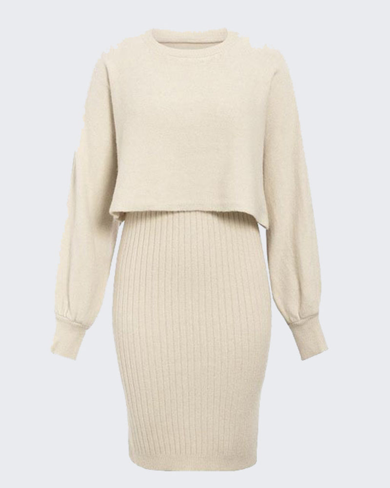 Women's Two Pieces Sets Long Sleeve Lazy Style Fashionable Sweater + Solid Knitted Skirt Dress